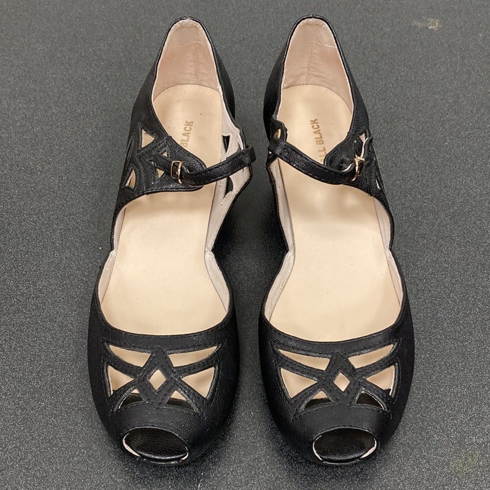 All Black the Brand Anthropologie Black Leather Cut Out Peep Toe Mary Jane Heels